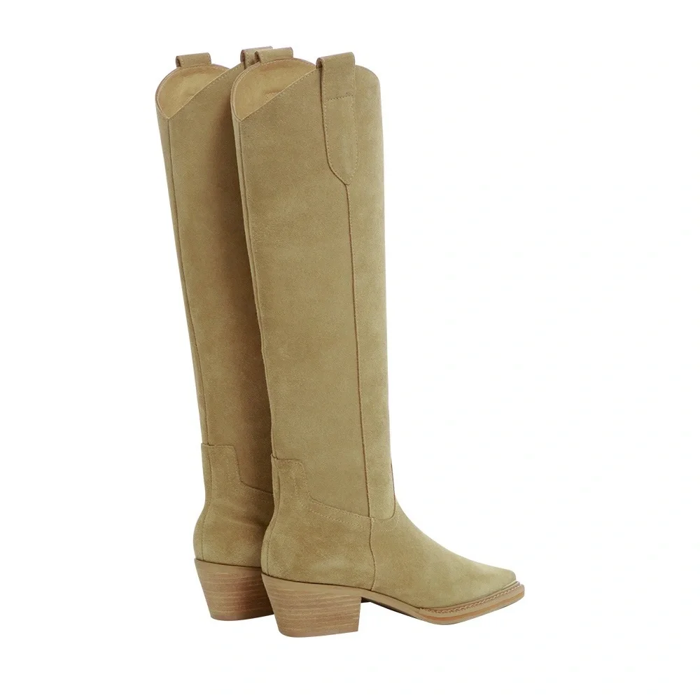 Grace Gift X Samantha Lin Leather V-Cut Western Block Heel Long Boots Beige 23.5 - Picture 7 of 16